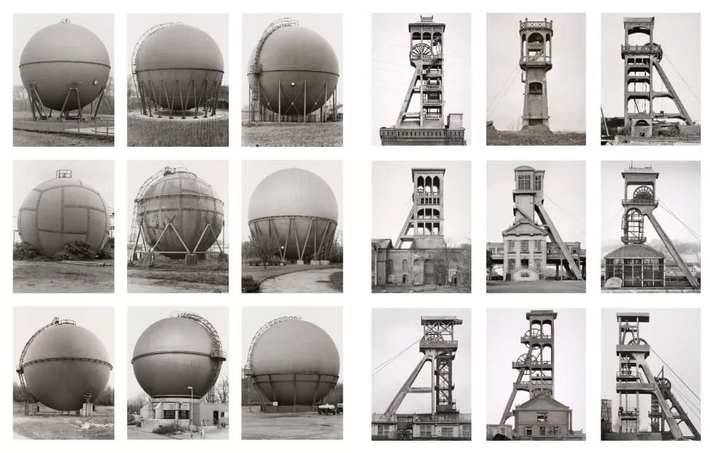 Bernd and Hilla Becher's use of visual typologies takes us outside the self-contained narrative of one photograph by showing many of them. By placing the same object one next to the other, we start not only to find common patterns, but most interestingly we start to visualize the concept behind the individual objects.