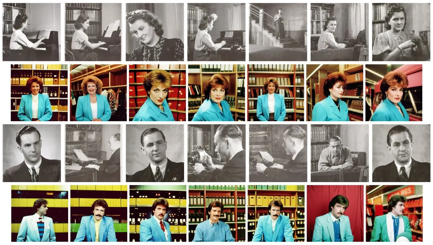 Experiment: representations of a man and a woman in the 1940s and 1980s. We used the same prompt (image of a woman/man) for the 1940s and 1980s different models.