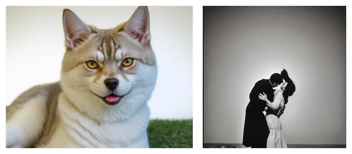Image generation tools respond well to explicit prompts, such as "a dog with the head of a cat". In this project, we aim to explore beyond conventions by interrogating archives with less descriptive prompts combined with custom-trained networks. On the right: an early experiment using the prompt "a couple, love and violence".