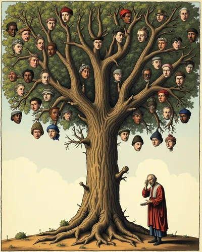 A man scratching his head, listening to his inner tree of thoughts.