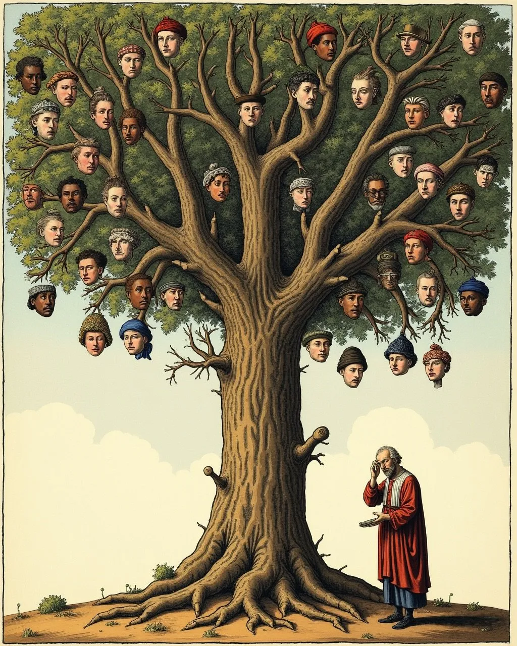 A man scratching his head, listening to his inner tree of thoughts.
