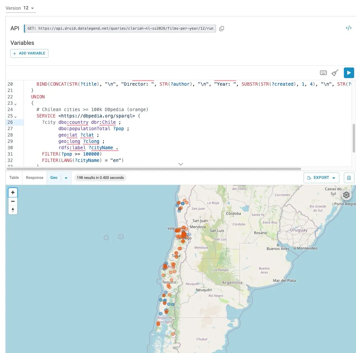Behind the map: the SPARQL query that joins MAFI's film locations with Chilean cities, drawn live from DBpedia.