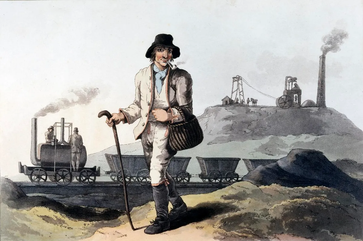 A collier smokes a clay pipe as steam engines haul coal past the mine. It recalls how the industrial revolution pushed society to claim its rights.