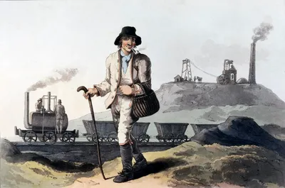 A collier smokes a clay pipe as steam engines haul coal past the mine. It recalls how the industrial revolution pushed society to claim its rights.