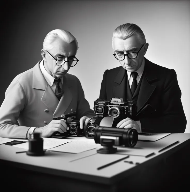 Two Roland Barthes working on a photo lab